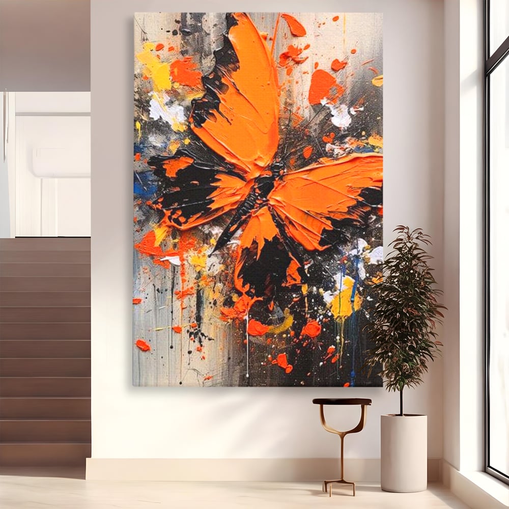 Tablou canvas cu tablou canvas cu fluture portocaliu pe fundal antracit, fara rama, pe sasiu de lemn
